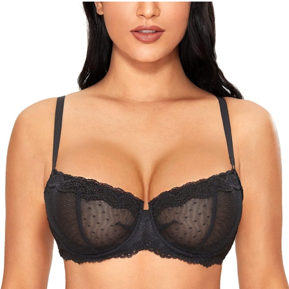 DOBREVA Women's Sexy Lace Bra Underwire Balconette Unlined Demi Sheer